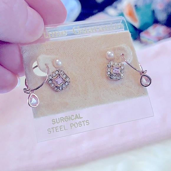 New & Lovely» 3pairs of Dainty Pink Rose Gold Earrings Set;•Pearls •Hoop •Square - Picture 6 of 14